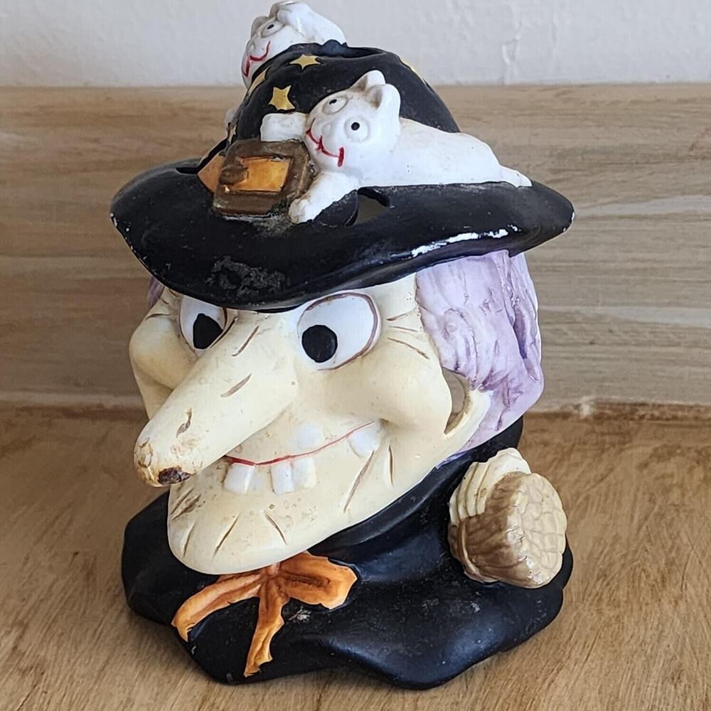 Vintage Halloween Ceramic Witch On Broom 5¾" Tall Candle Tea Light Woolworths